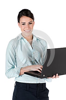 Young businesswoman with laptop, isolated on white