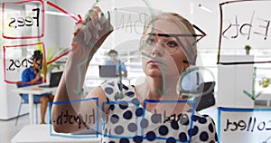 Young businesswoman with marker drawing chart on glass board