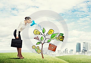 Young businesswoman outdoors watering drawn growth concept with can