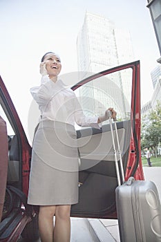 Young Businesswoman outside of her car talking on the phone