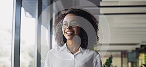 Young businesswoman portrait, Self confident young woman at office panoramic banner, Business person portrait