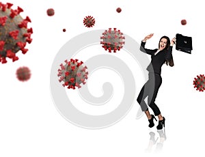 Young businesswoman screaming with fear among coronavirus cells.