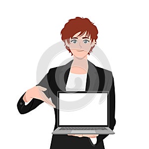 Young businesswoman showing a blank screen laptop and pointing finger