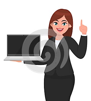 Young businesswoman showing a new brand laptop and pointing finger up. Person holding portable computer. Female character design.
