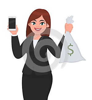 Young businesswoman showing smartphone and cash or money bag in hand. Person holding digital gadget and currency notes sack.