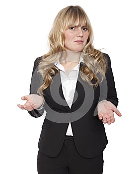 Young businesswoman shrugging her shoulders