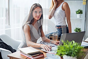 Young businesswoman sitting at desk front laptop