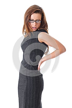 Young businesswoman suffer from backache, isolated