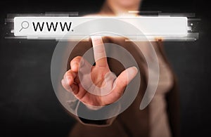 Young businesswoman touching web browser address bar with www si