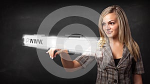 Young businesswoman touching web browser address bar with www si photo