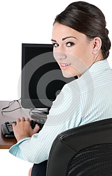 Young businesswoman typing, isolated