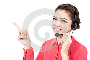Young businesswoman wearing microphone headset as an operator