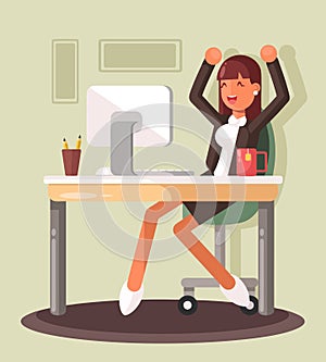 Young businesswoman working on a laptop on a new business idea. Successful business idea concept. Flat design photo