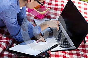 Young businesswoman working on laptop during picnic