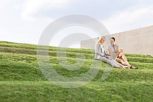 Young businesswomen using laptop together while sitting on grass steps against sky