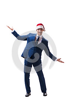 The young busnessman wearing santa hat in christmas concept on white