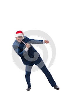 The young busnessman wearing santa hat in christmas concept on white