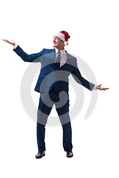 The young busnessman wearing santa hat in christmas concept on white