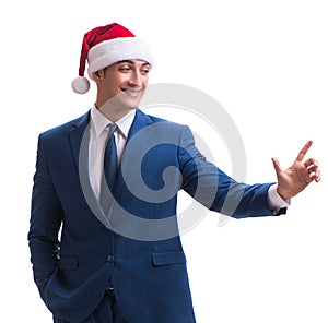 Young busnessman wearing santa hat in christmas concept on white