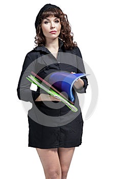 Young busy business woman with folders