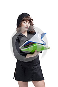 Young busy business woman with folders