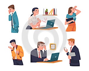 Young Busy Man and Woman Character in Stress Feeling Tired and Exhausted Sitting at Laptop Vector Illustration Set
