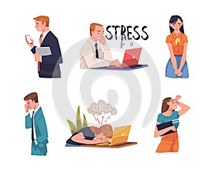 Young Busy Man and Woman Character in Stress Feeling Tired and Exhausted Sitting at Laptop Vector Illustration Set
