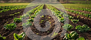 Young cabbage plants growing in neat rows on a farm