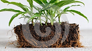 Young cacao seedling underground with visible root network in tropical soil slice