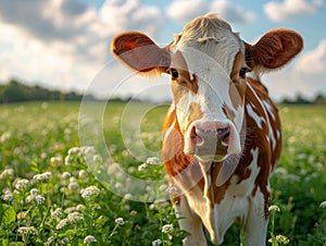 Young calf grazes on green field with white flowers on sunny day. Cow is standing in a green field in the springtime
