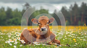 Young calf grazing in daisy field on sunny summer day, serene farm landscape with cow vibes