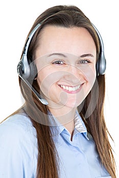 Young call center operator woman over white isolated background