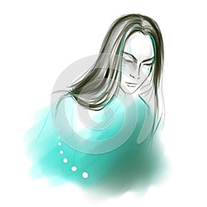 Young calm long-haired asian man on turquoise background vector