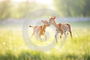 young calves playing in a sunny meadow