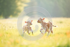 young calves playing in a sunny meadow