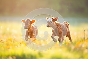 young calves playing in a sunny meadow