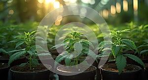 Young cannabis plants in pots in greenhouse