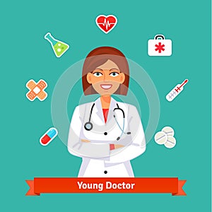 Young cardiologist doctor. Set of medicine icons photo