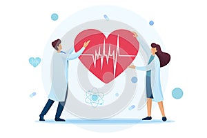 Young cardiologists hold a heart with an ECG in their hands. Flat 2D character. Concept for web design