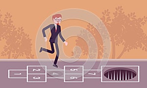Young carefree businessman playing hopscotch, pale in front photo