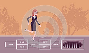 Young carefree businesswoman playing hopscotch, pale in front photo