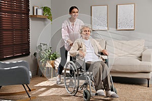 Young caregiver assisting senior woman in wheelchair indoors. Home care service