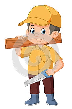 A young carpenter holding saw and wood