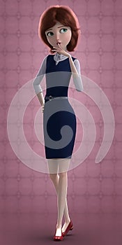 Young cartoon 3d woman in a blue dress and red shoes stands with her hand on her hip and thinks about something 0085