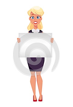 Young cartoon businesswoman holding blank sign, making presentation.