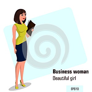 Young cartoon businesswoman in office dress holding document case. Beautiful brunette girl preparing for meeting.