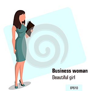 Young cartoon businesswoman in office dress holding document case. Beautiful girl preparing for meeting. Isometric business woman
