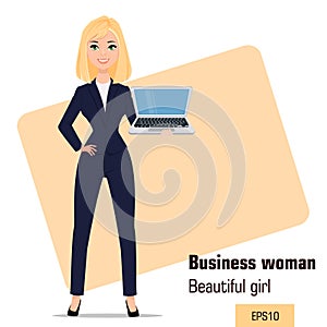 Young cartoon businesswoman standing. Beautiful blonde girl in office clothes holding laptop.