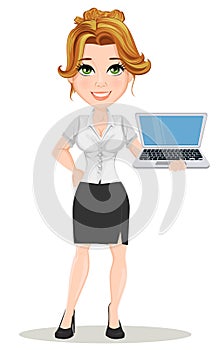 Young cartoon businesswomen. Beautiful smiling girl in working situation. Fashionable modern lady holding laptop