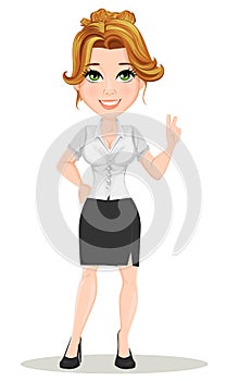 Young cartoon businesswomen. Beautiful smiling girl in working situation. Fashionable modern lady showing peace sign.